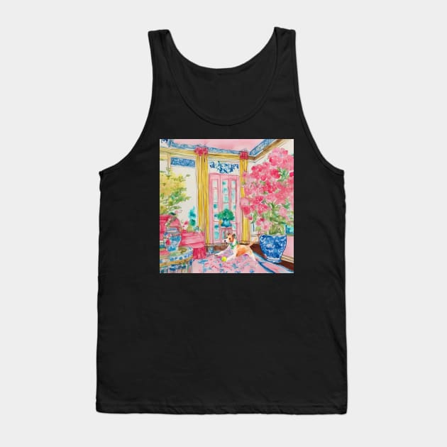 Fox terrier chasing tennis ball in chinoiserie interior Tank Top by SophieClimaArt